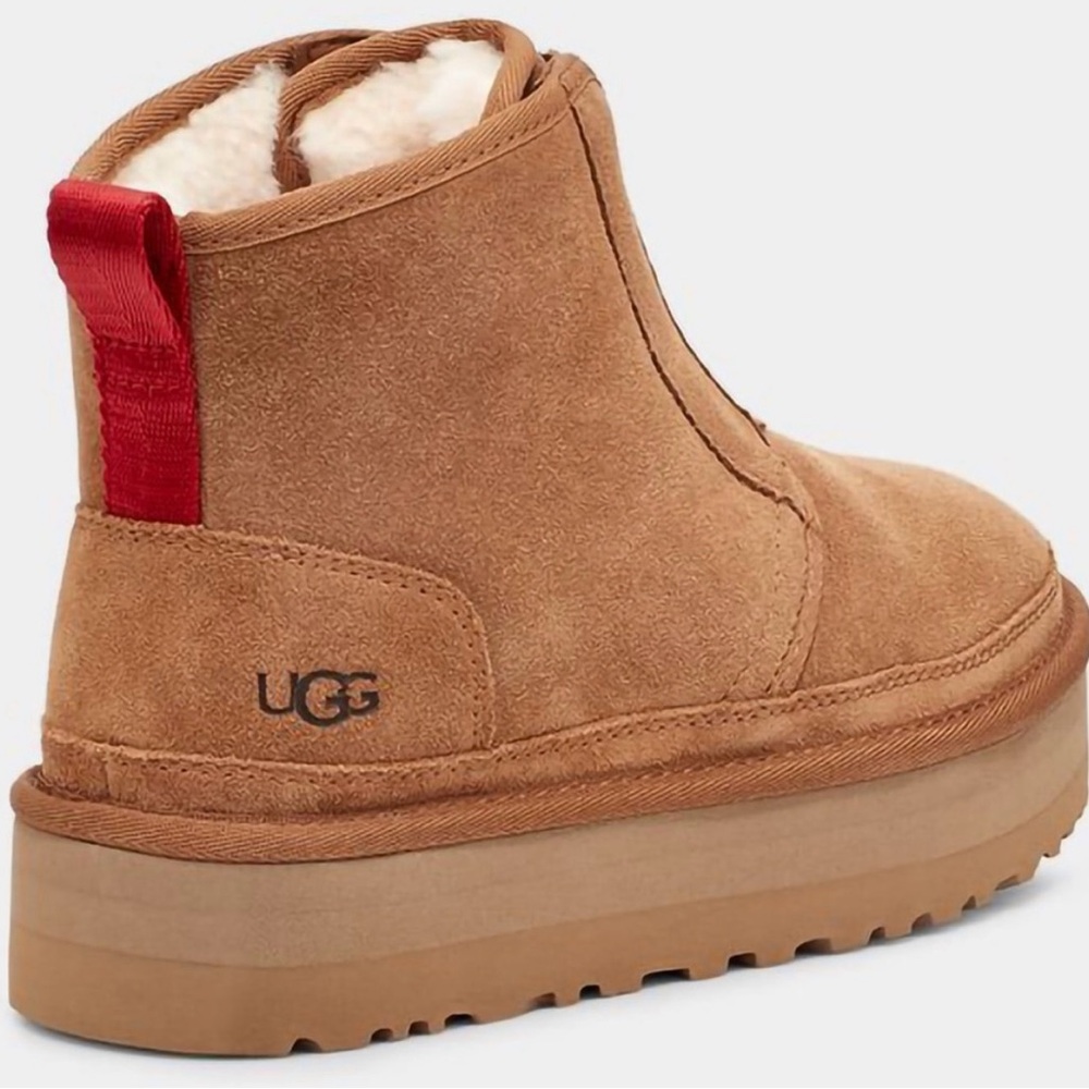 UGG Tan Suede Ankle Boots with Red Accent